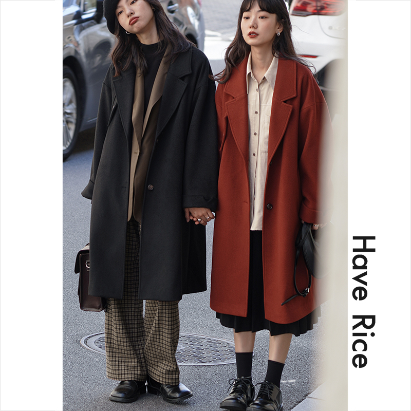 HAVERICE restaurant retro red coat academic style woolen black long version of small man woolen coat autumn and winter
