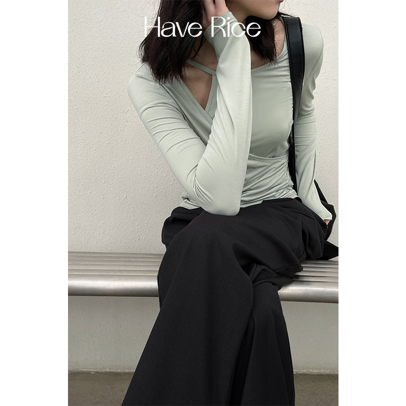 Haverice Restaurant Personal styling T - shirt long sleeve fake two hollow niche design sweater spring and autumn woman