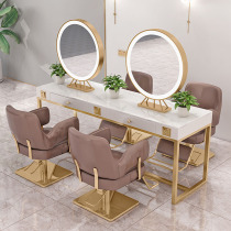 Barber shop mirror table hair salon hair salon special perm dyeing table round double-sided mirror with lamp net red marble integrated cabinet