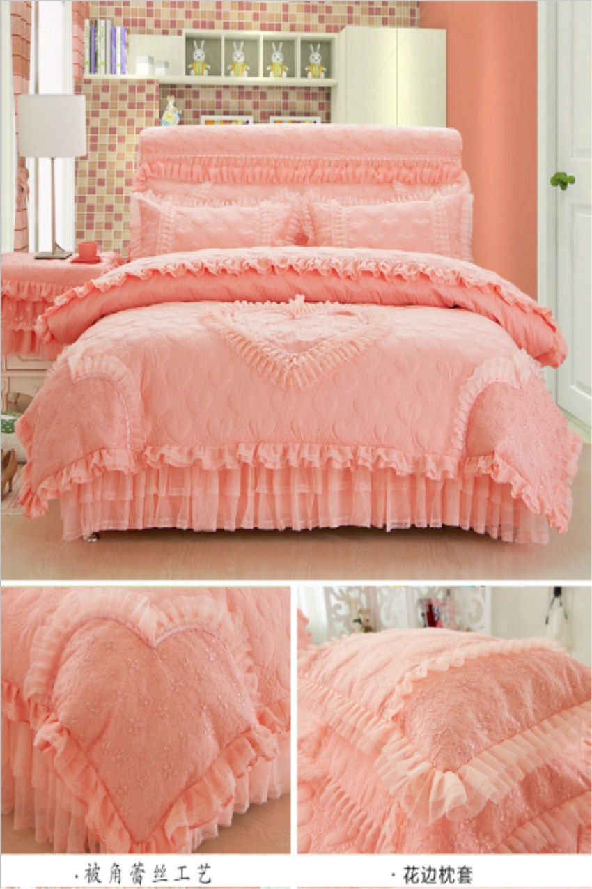 Một gia đình bốn công chúa Hàn Quốc ren gió giường váy màu cộng với khăn trải giường cotton dày màu hồng ren lanh cưới chăn - Bộ đồ giường bốn mảnh bộ chăn ga gối đệm