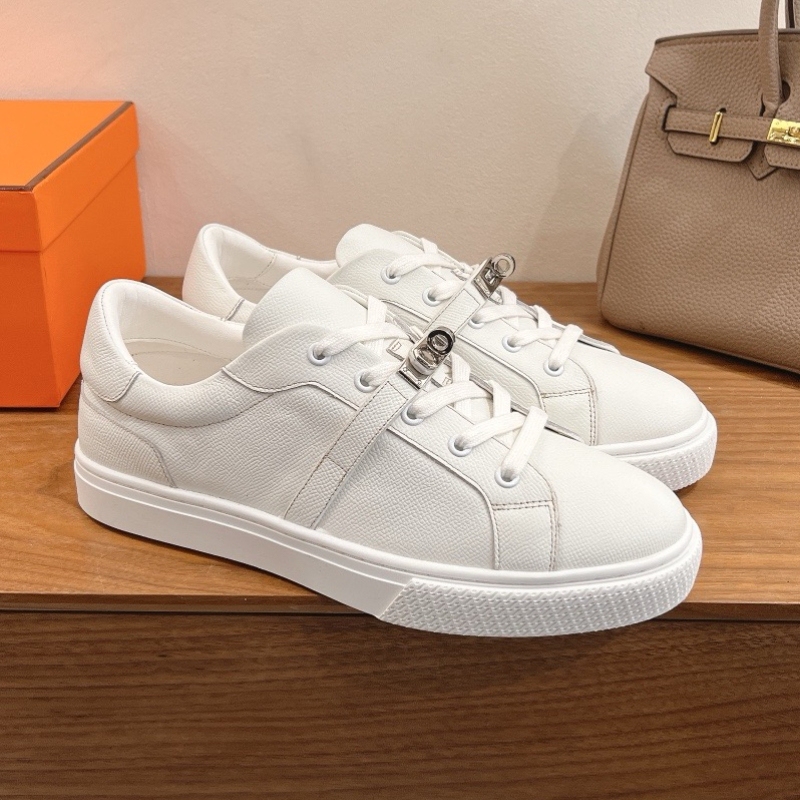 Genuine Leather Palm Print Flat Lace-Up Kelly Buckle Deep-Cut Casual Sneakers Couple Shoes Versatile Height-Increasing White Shoes