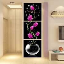 Frameless painting wall clock triptych Clock creative art hour hand Living room entrance decorative painting Vertical abstract vase