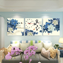 Watch living room decoration painting modern Chinese sofa background wall painting Triple frameless painting Wall clock Home and everything is happy