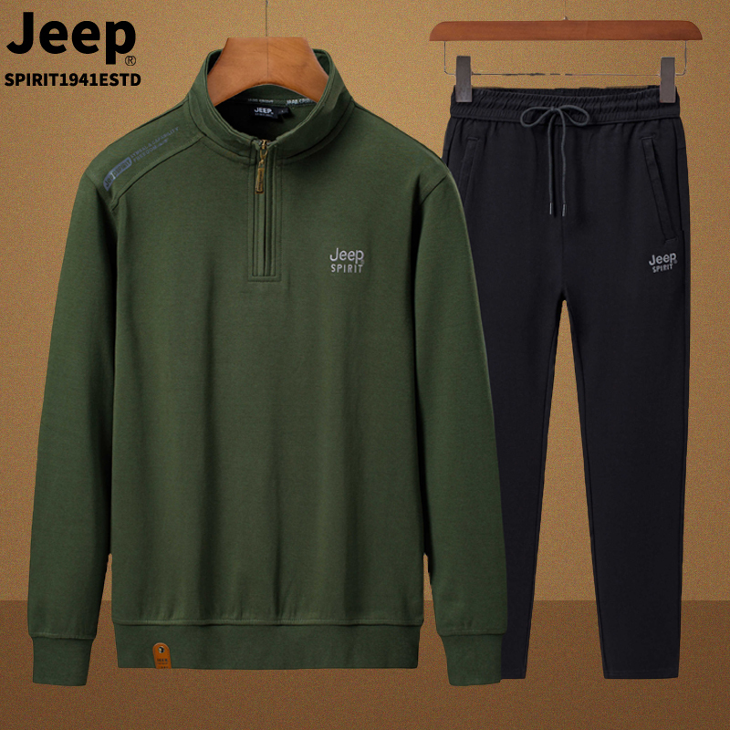 Jeep Men's Sweatshirt Casual Sports Suit 2026 Spring and Autumn New Style Fleece-Lined Long-Sleeved Long Pants Two-Piece Set