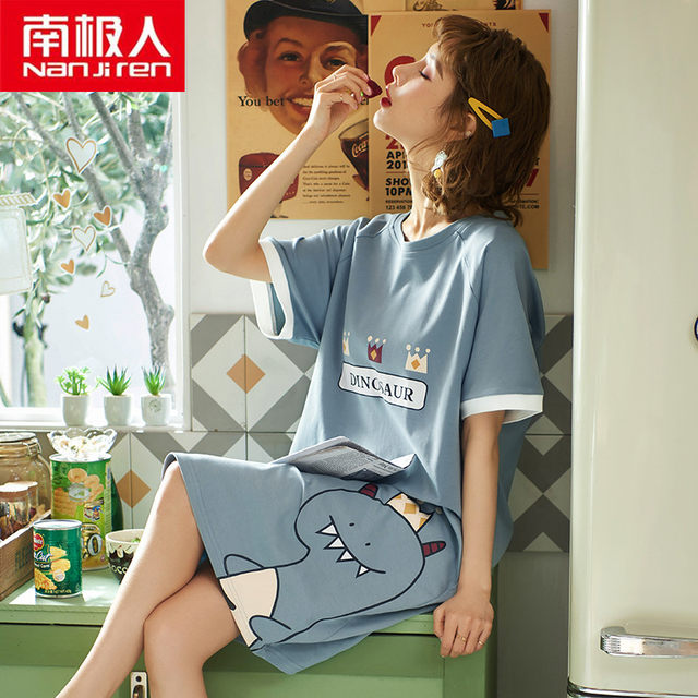 Nanjiren Nightdress Ladies Summer Cartoon Short-sleeved Cotton Pajamas Thin Spring and Autumn Solid Color Homewear Summer Summer