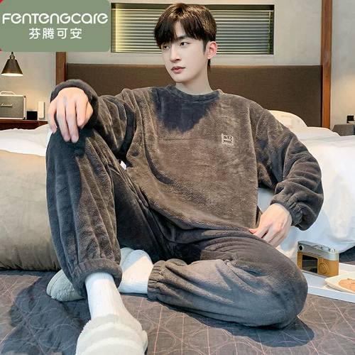 Мужская коралловая бархатная утепленная демисезонная фланелевая пижама