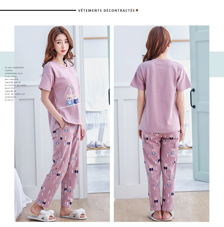 Bộ đồ ngủ ngắn tay nữ mùa hè cotton hai mảnh Bộ đồ ngủ ngọt ngào và đáng yêu của Hàn Quốc ít phụ nữ có thể mặc quần áo ở nhà