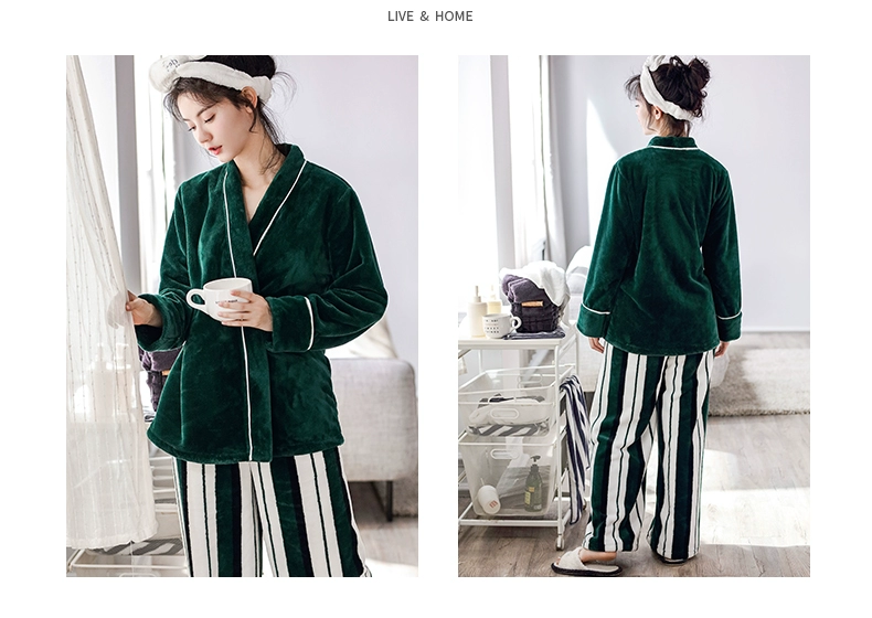 Jing Yun mùa đông san hô nhung nữ đồ ngủ dài tay dày flannel phụ nữ ấm áp phục vụ nhà có thể mặc