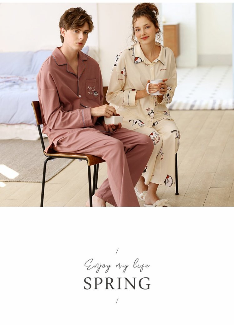 Jing Yun 2019 xuân hè mới cho cặp đôi đồ ngủ cotton dài tay nữ dễ thương dịch vụ tại nhà ve áo cardigan phù hợp với nam - Bên ngoài ăn mặc bộ đồ khủng long