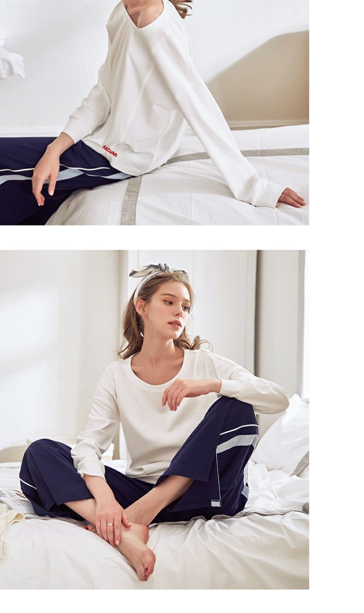 Jing Yun mùa xuân và mùa thu đồ ngủ cotton phụ nữ đơn giản dài tay dịch vụ nhà cô gái giản dị rắn màu rộng chân phù hợp với cotton - Bên ngoài ăn mặc bộ đồ ngủ