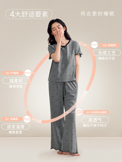 Jingyun Pijama De Lunares De Sensación Fresca para Mujer, Algodón Puro De Verano con Almohadillas para El Pecho, Conjunto De Pantalones para El Hogar, Se Puede Usar Al Aire Libre
