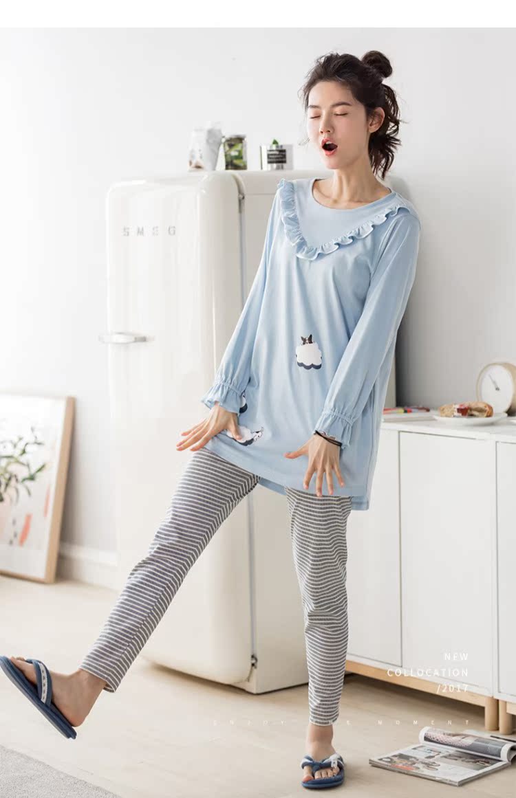 Bộ đồ ngủ mới cho nữ Jing Yun 2018 cotton dài tay mùa xuân và mùa thu ngọt ngào và đáng yêu có thể mặc bên ngoài dịch vụ cotton tại nhà đồ ngủ sexy