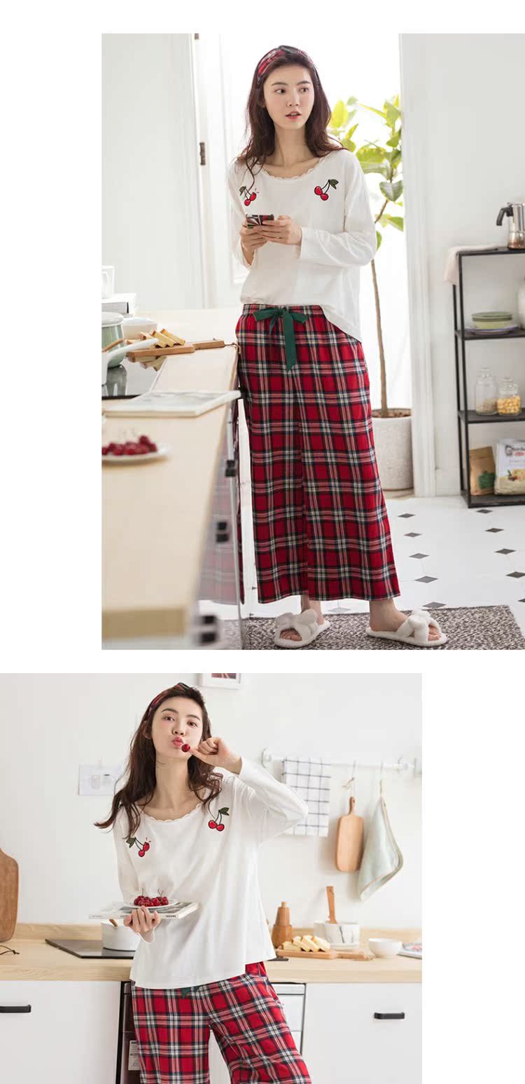 Jing Yun mới đồ ngủ nữ mùa thu cotton dài tay nhà dịch vụ phù hợp ngọt ngào lỏng lưới rộng chân phụ nữ nhà quần áo - Bên ngoài ăn mặc đồ bộ kiểu mới