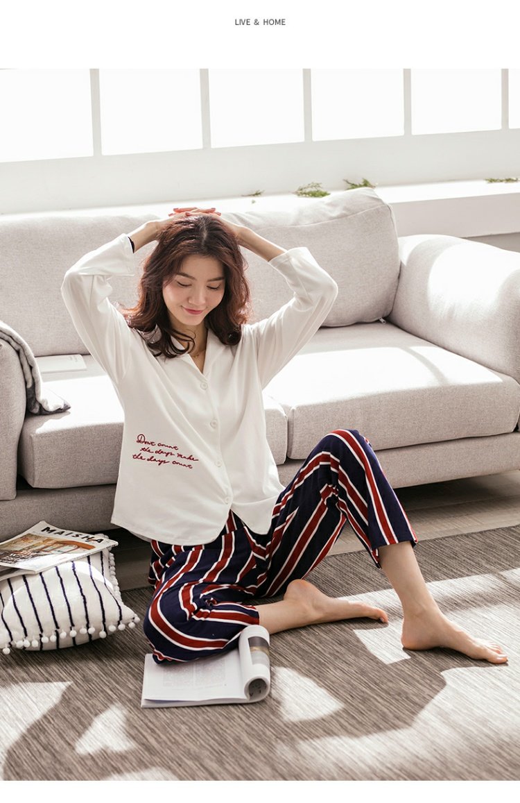 Jing Yun 2019 mùa xuân vài bộ đồ ngủ cotton dài tay nữ dịch vụ tại nhà lỏng lẻo cổ tròn phù hợp với nam giới có thể được mặc - Bên ngoài ăn mặc đồ bộ thể thao
