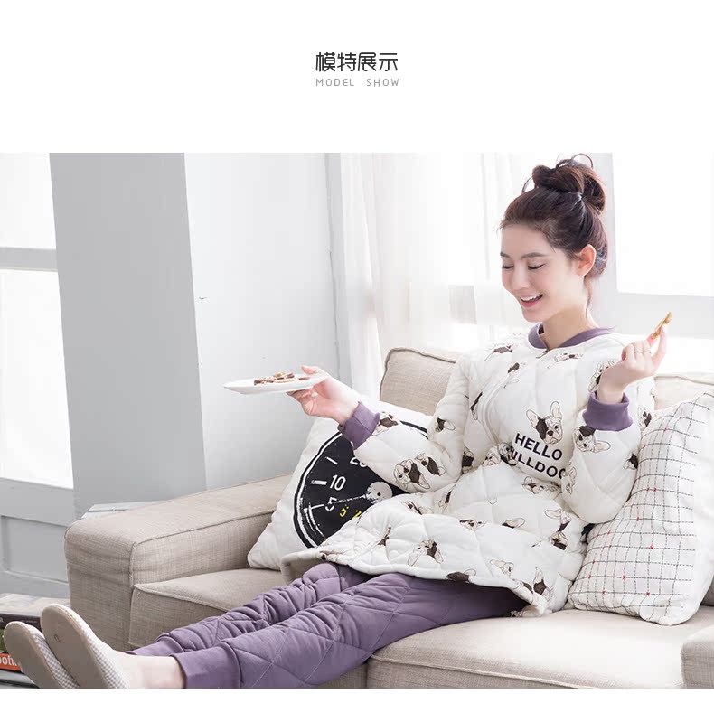 Jing Yun mùa đông đồ ngủ phụ nữ dày ba lớp bông và bông phụ nữ dài tay dễ thương dễ thương phù hợp với dịch vụ nhà thời trang nữ