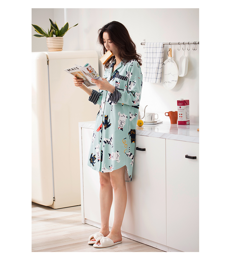 Jing Yun 2018 mùa xuân mới cotton phim hoạt hình váy ngủ nữ dài tay áo pyjama dễ thương người phụ nữ bông phục vụ váy ngủ lụa