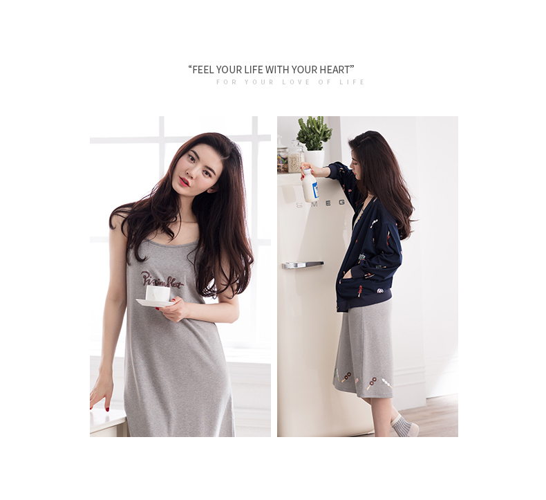 Jing Yun đồ ngủ phụ nữ mùa xuân và mùa thu cotton dài tay dịch vụ nhà đơn giản giản dị hai mảnh váy ngủ nữ đầm suông đẹp