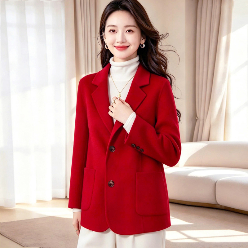 Plus-Size Woolen Coat for Women, Short Red Blazer-Style Woolen Coat, 100kg Elegant and Sophisticated Look, Slimming Effect Plus-Size Woolen Coat for Women, Short Red Blazer-Style Woolen Coat, 100kg Elegant and Sophisticated Look, Slimming Effect
