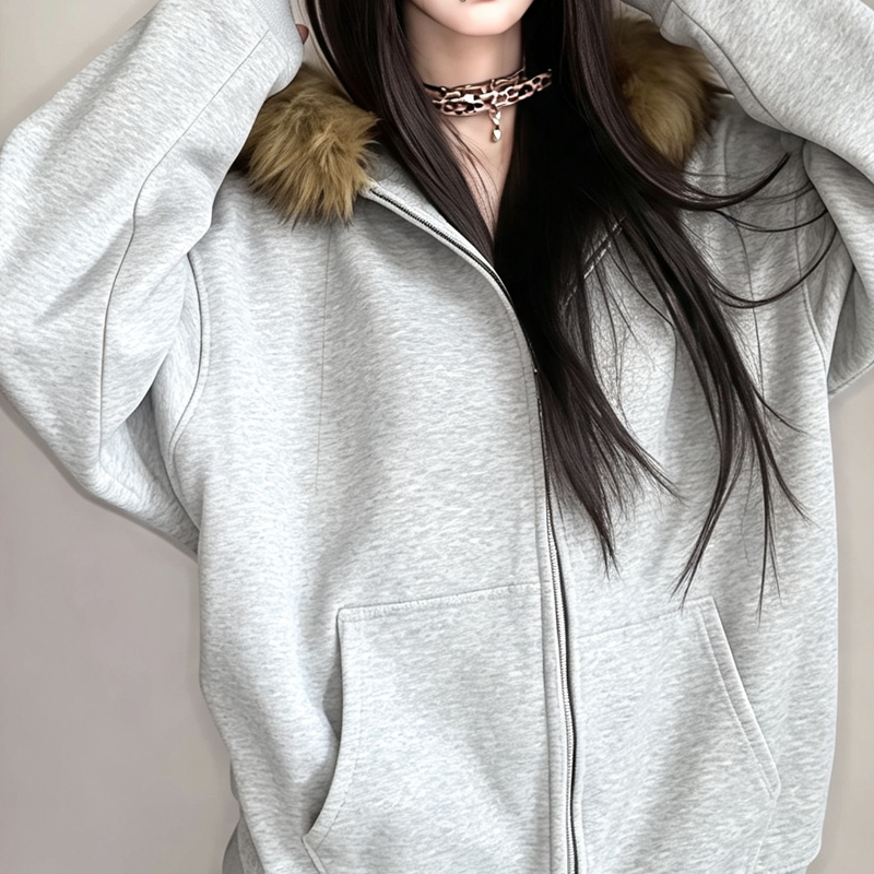 Autumn and Winter American-Style Hooded Cardigan Pure Cotton Sweatshirt for Women, Fleece-Lined and Thickened with a Fur Collar, Warm and Relaxed Fashion Jacket