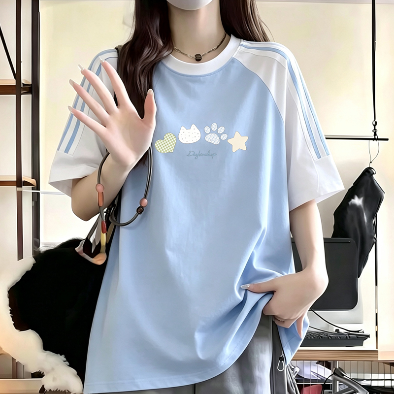 Junior High School Cartoon Print Short-Sleeved T-Shirt for Women, Loose Fit, Color-Blocking, Pure Cotton, Versatile, Student Girl Patchwork Three-Stripe Top