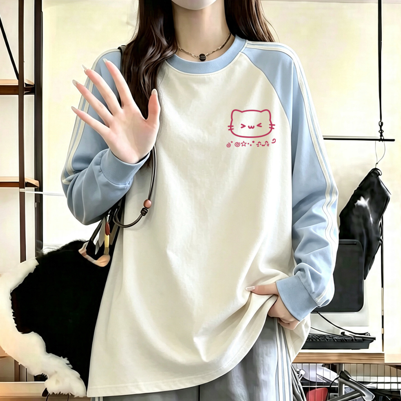 American-Style Casual Three-Stripe Raglan Pure Cotton Long-Sleeve T-Shirt for Women, Autumn and Winter Loose Fit, Age-Reducing, Plus-Size Top for Teenage Girls