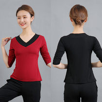  Front V rear round neck yoga suit top womens mid-sleeve gym sports running black yoga suit square dance body