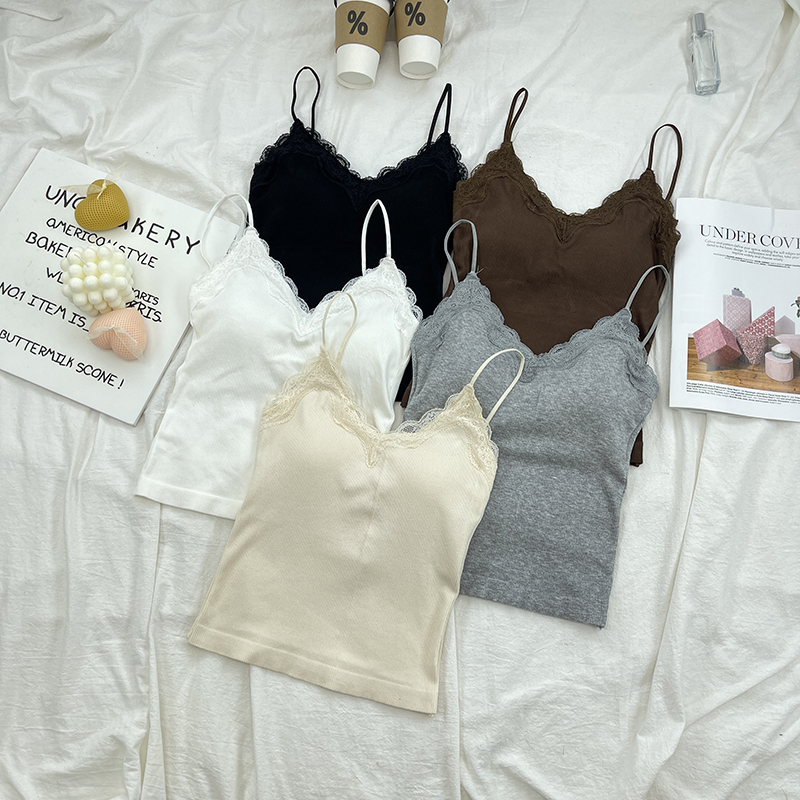 Lace Patchwork Camisole for Women, Autumn Inner Wear, Stylish and Sexy, Can Be Worn Outside, V-Neck, Sleeveless, Short Base Shirt