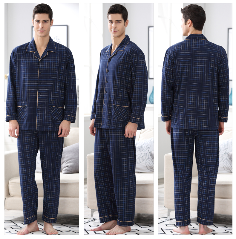 Bộ đồ ngủ nam xuân thu đông 100% cotton dài tay nam cotton mùa thu cha trung niên phục vụ nhà XL pijama nam cotton