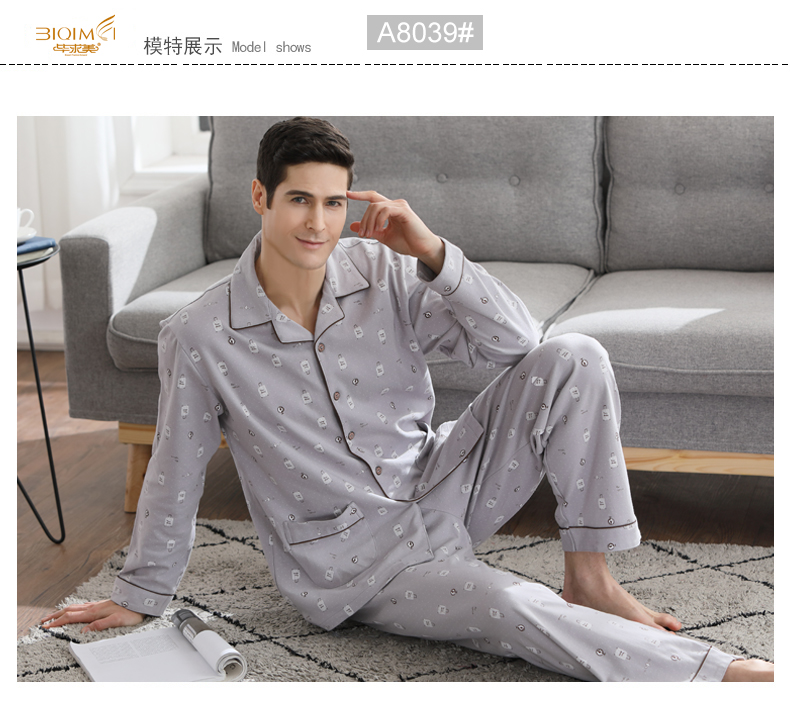 Bộ đồ ngủ nam xuân thu đông 100% cotton dài tay nam cotton mùa thu cha trung niên phục vụ nhà XL pijama nam cotton