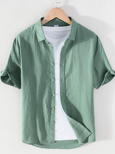 Summer linen shirt men's short-sleeved loose Japanese casual trendy brand thin large size trendy white cotton and linen work shirt