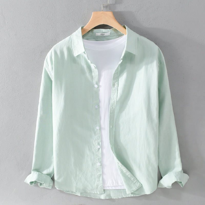 Spring Linen Shirt for Men, Long-Sleeved, Thin, Loose, Solid Color, Japanese Style, Casual, Versatile, Youth Workwear, White Cotton-Linen Shirt