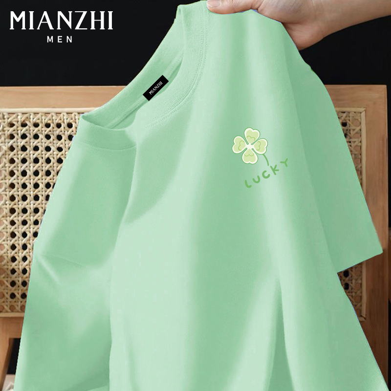 Cotton Lucky Clover Mint Green Pure Cotton Short Sleeve T-Shirt Men's 2026 Summer Loose Pure Cotton Plus Size Top