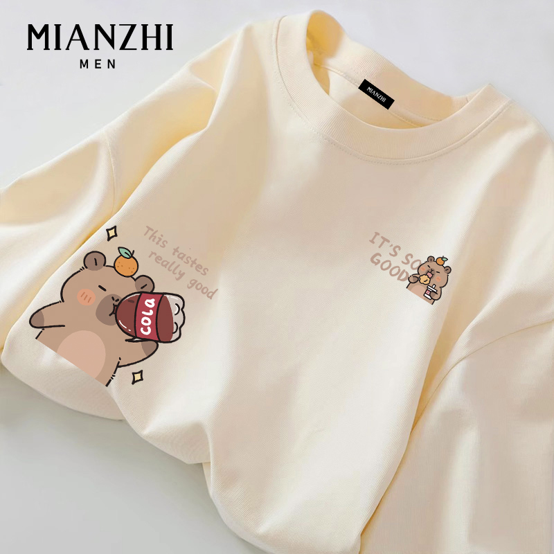 Cotton Fun Capybara Cola Pure Cotton Long-Sleeve Men's T-Shirt, Autumn Loose Fit, New Style for Teenagers