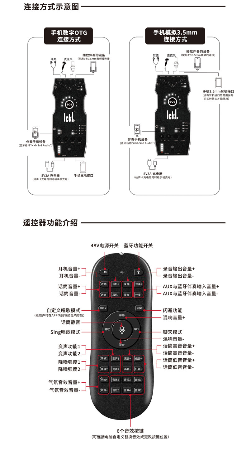 k歌/直播声卡套装 ickb so8第六代手机声卡直播专用唱歌设备全套户外麦克风网红套装 Lckb