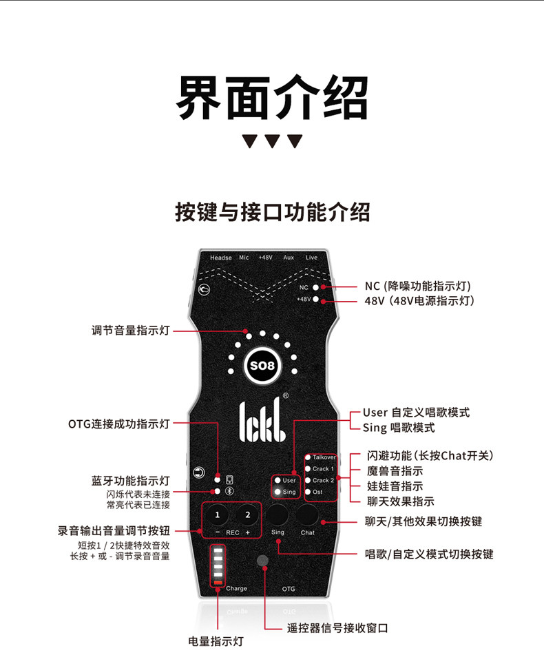 k歌/直播声卡套装 ickb so8第六代手机声卡直播专用唱歌设备全套户外麦克风网红套装 Lckb