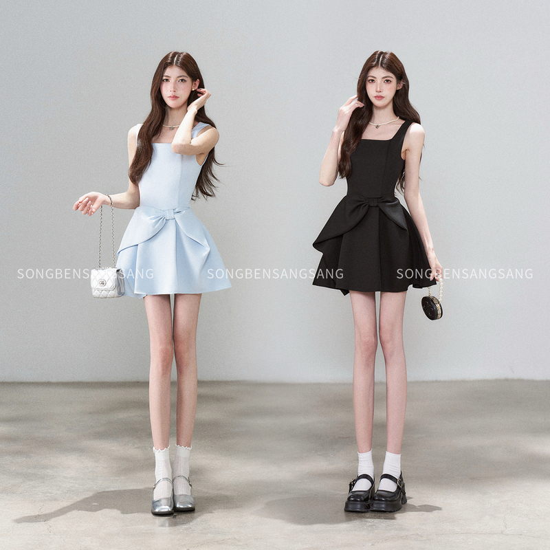Matsumoto Sosang French-Style Blue Sleeveless Dress for Women, Summer Bow-Tie Waist-Cinching Princess Dress, Short Skirt Matsumoto Sosang French-Style Blue Sleeveless Dress for Women, Summer Bow-Tie Waist-Cinching Princess Dress, Short Skirt