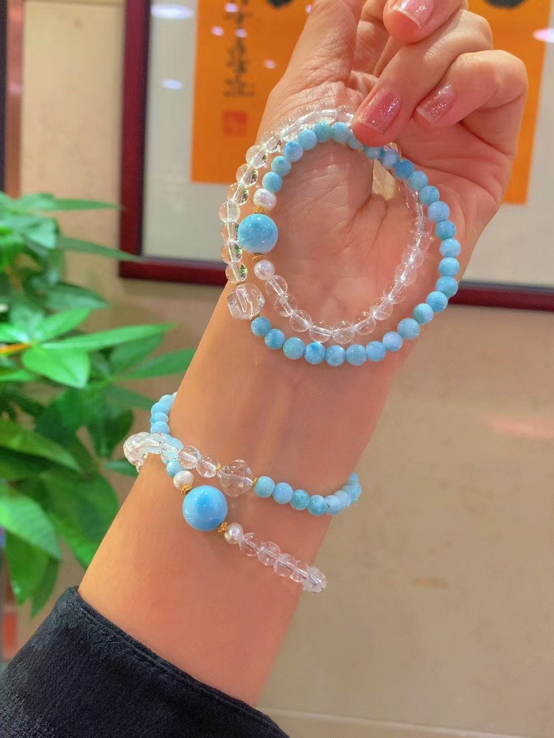 天然ラリマーの2連ブレスレット、ラリマークリスタルブレスレット、ホワイトクリスタルパールネックレス、オリジナルデザイン。