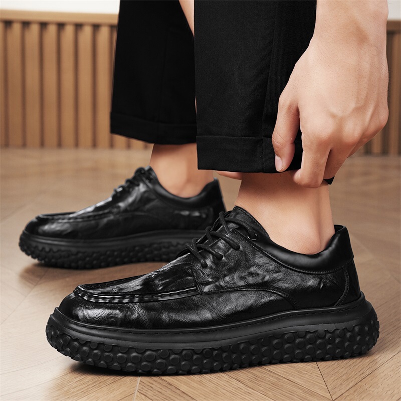 Chef Shoes Men's Hotel Leather Shoes Waterproof Non-Slip Kitchen Work Shoes Thick Sole Heightening All Black Casual Black Sole Shoes