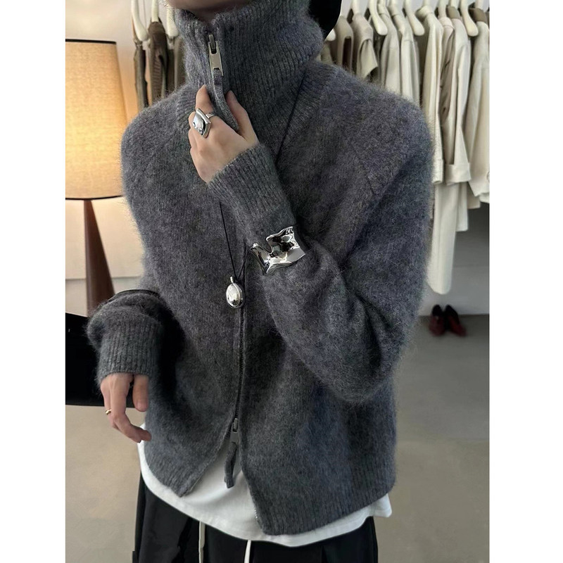 European Style Double Zipper 100% Pure Wool Cardigan for Women, High-Neck Loose Cashmere Sweater, Knitted Base Sweater, Thickened Coat European Style Double Zipper 100% Pure Wool Cardigan for Women, High-Neck Loose Cashmere Sweater, Knitted Base Sweater, Thickened Coat