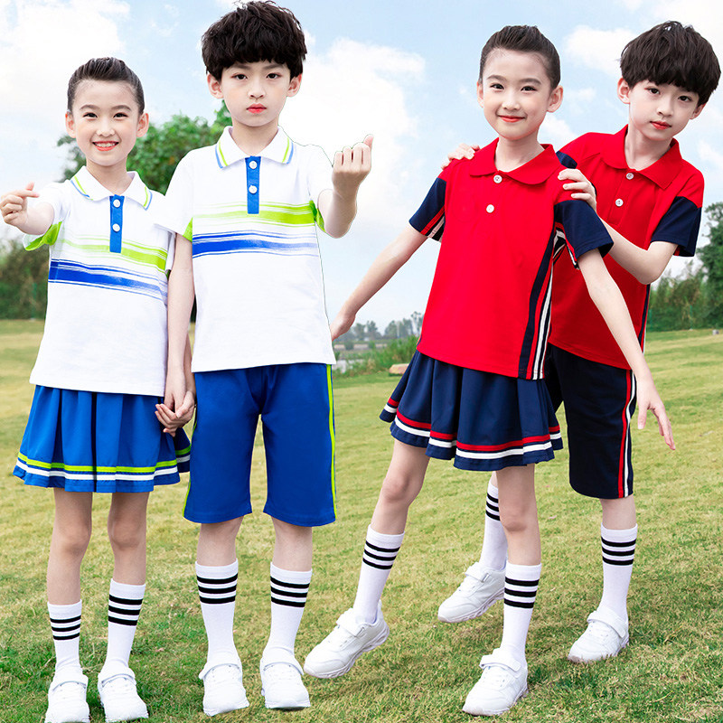 Summer School Uniforms Summer Clothing Kindergarten Garden Suit Short Sleeve Suit Women Blue White Pure Cotton Children's Games Class Clothes