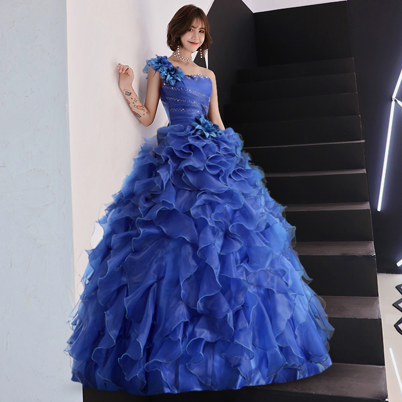 芸術試験歌唱服ソロステージパフォーマンス服スタジオパフォーマンスふくらみスカートロング年次総会学生ワンショルダードレス