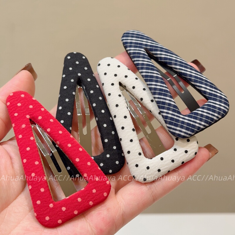Korean Style Versatile Simple Blue and Black Checkered Triangle Bb Clip Black and White Polka Dot Bangs Side Clip