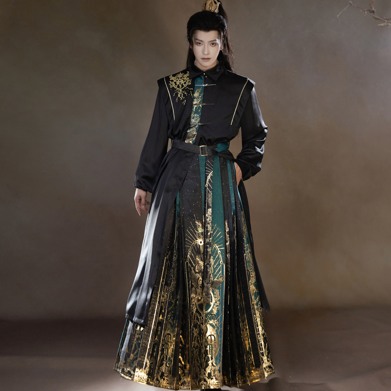 Zhaohuafu Original Sanxingdui Hanfu Men's Clothing New Chinese Style Han Elements Shirt with Gold Thread Mamian Skirt Set for Men and Women