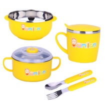 omillan children cutlery suit stainless steel bowls cup with cover baby bowl spoon fork anti-burn and fall baby suction cup bowl