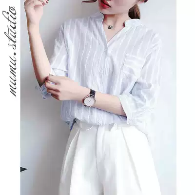 Cotton and linen shirt Women's Spring big size wear wild jacket blue striped long sleeve loose design sense niche shirt