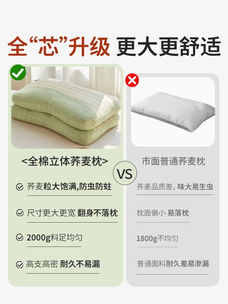 Buckwheat Pillow for Neck Support and Sleep Aid, Pillow Core for Adults, Men's Sleep-Specific, Hard, Whole Buckwheat Husk Pair