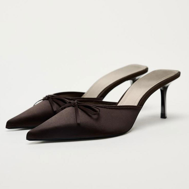 Za2026 Summer New Style Brown Satin Bow High-Heeled Pointed Toe Mules Fashion Closed-Toe Sandals Women's Half Slippers Za2026 Summer New Style Brown Satin Bow High-Heeled Pointed Toe Mules Fashion Closed-Toe Sandals Women's Half Slippers