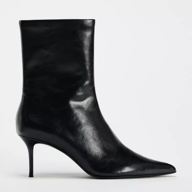 Za2026 Autumn and Winter New Black Genuine Leather Side Zipper Stiletto Pointed Toe Short Boots Versatile Trendy Fashion Women's Boots