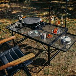 Outdoor camping picnic grid folding table Wrought iron adjus