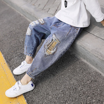 Boys jeans 2021 autumn childrens autumn pants foreign atmosphere Korean casual tie pants Spring and Autumn Tide